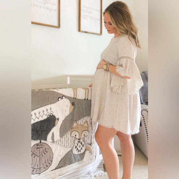 PINKBLUSH Beige Raw Edge Bell Sleeve Babydoll Maternity Dress Size Medium - Picture 3 of 10